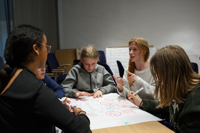 Students discussing around a table